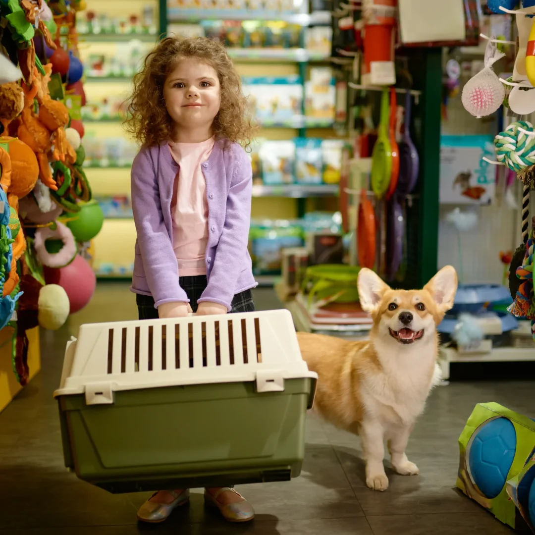portrait-little-girl-with-her-corgi-dog-pet-shop-little-child-standing-with-new-transportation-carrier-puppy